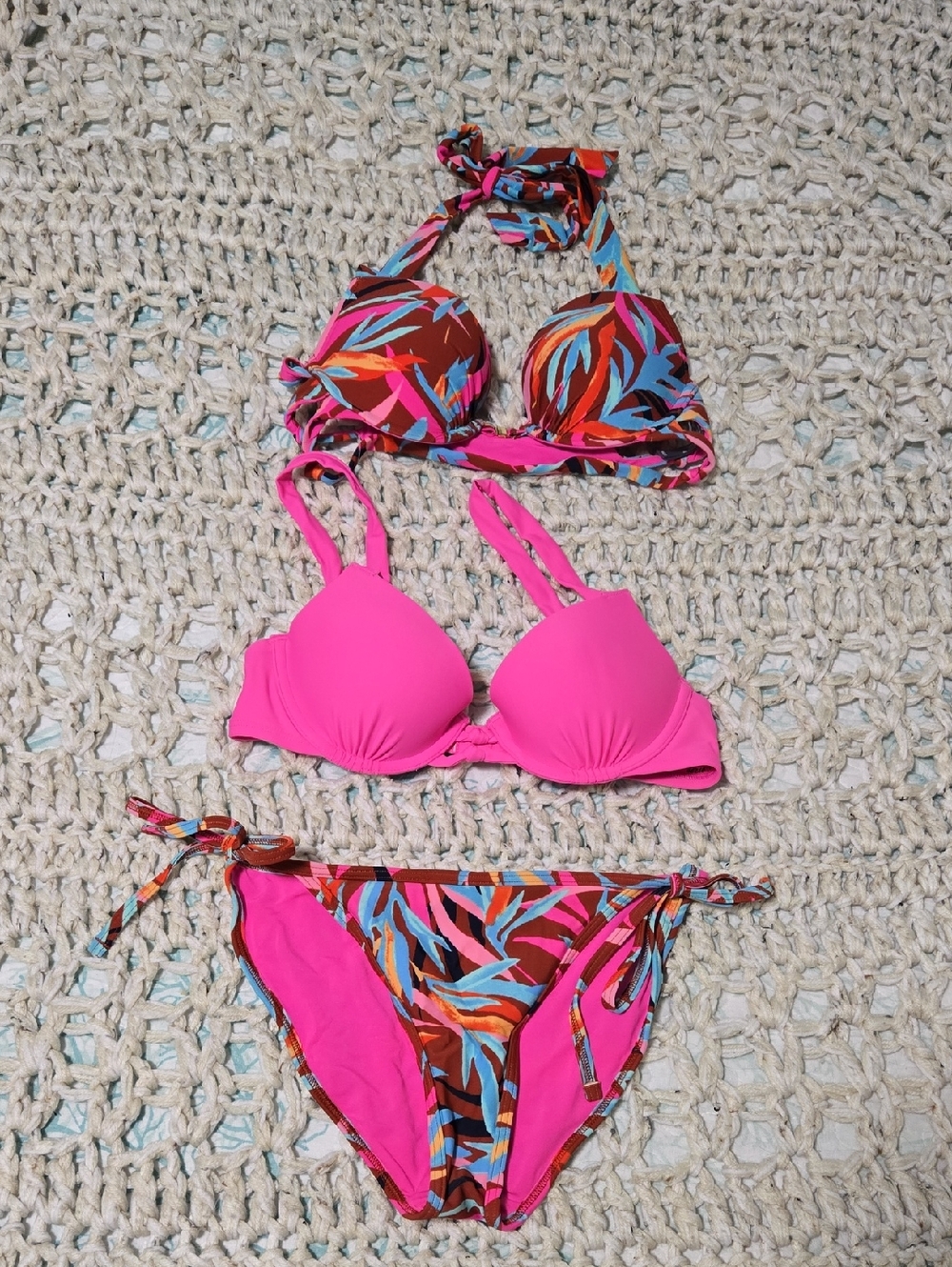 Aerie Mix & Match Mixed Print & Hot Pink Bikini Set